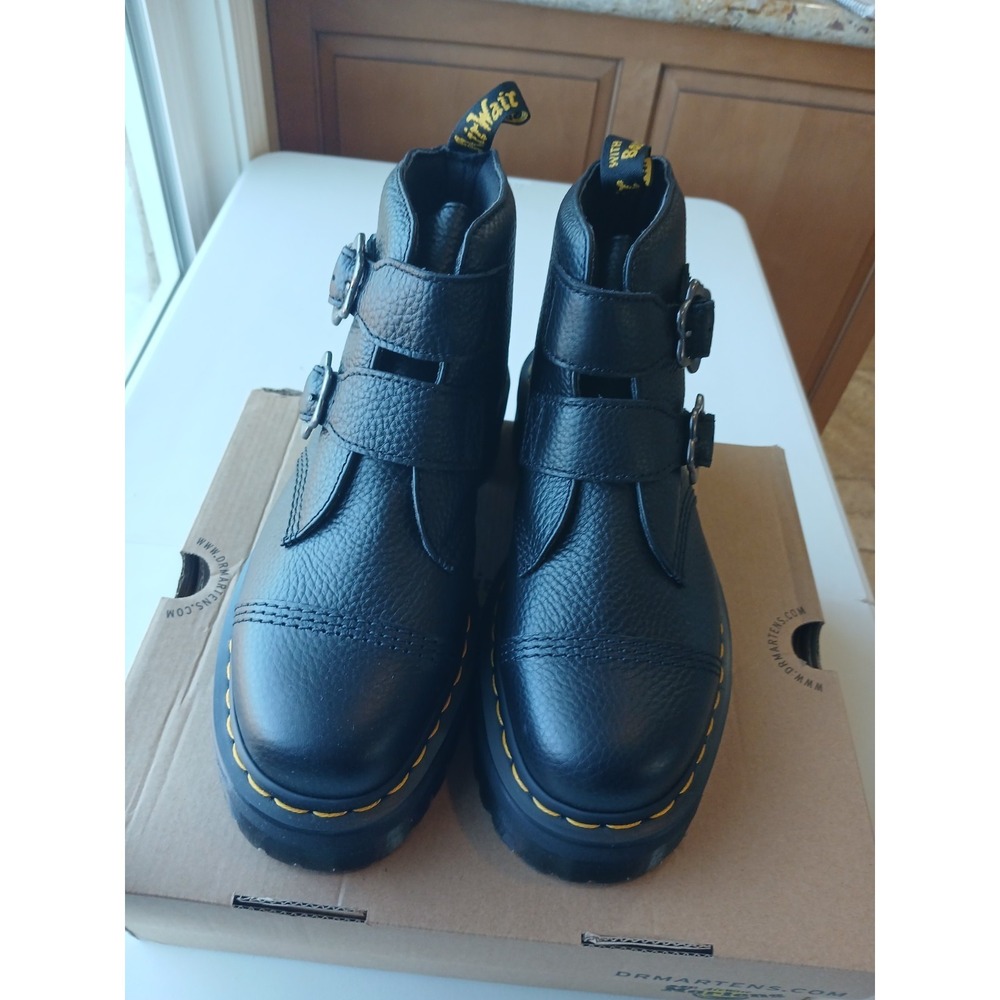 DR. MARTENS BLACK LEATHER DEVON FLOWER PLATFORM BOOTS, WOMEN US 10‎ ~NEW In BOX
